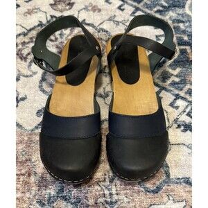Bjork MILA Wooden Clog Sandals Oiled Leather Black / Navy Women's US 8-8.5  39